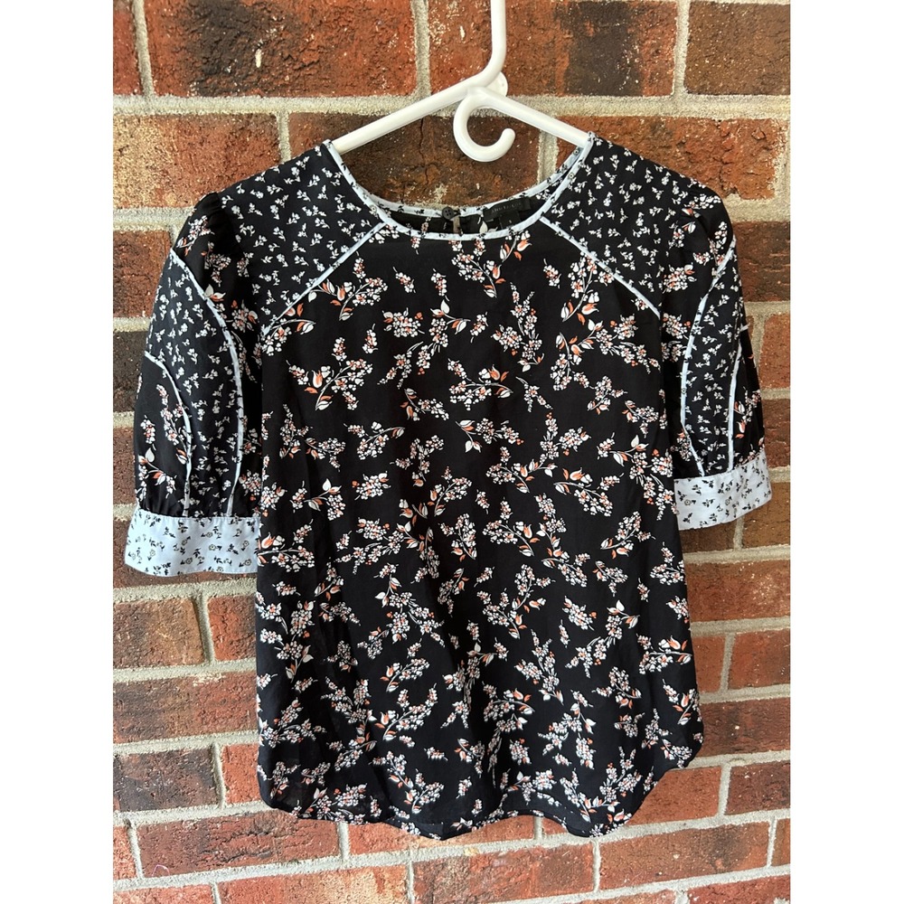 Ann Taylor Black Floral Short Sleeve Blouse Mixed Print Keyhole Small Cottage